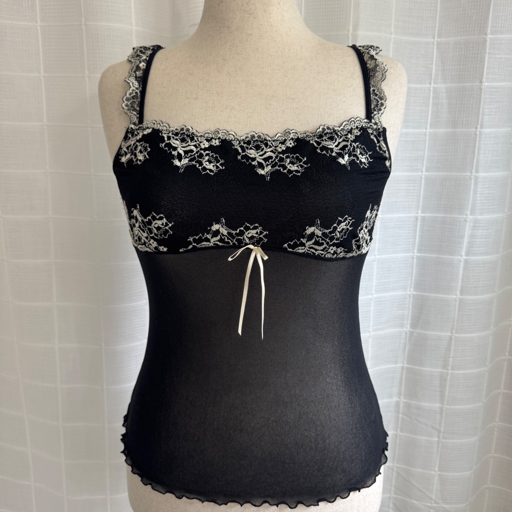 Gilligan & O'Malley Black Mesh Lace Camisole Top Y2K Coquette Trendy Bow Style